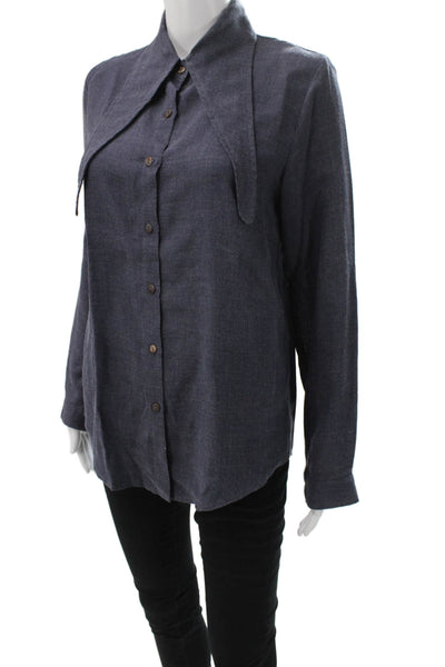 Sophyline Women Collared Button-Up Blouse Dark Blue Rayon Blend L/S Size S