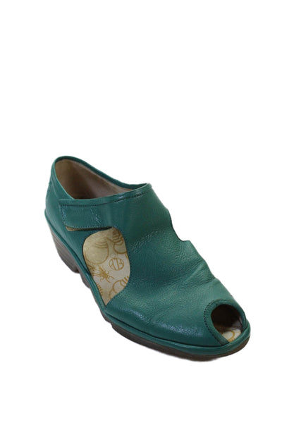 Fly London Womens Leather Peep Toe Block Heels Shoes Green Size 9