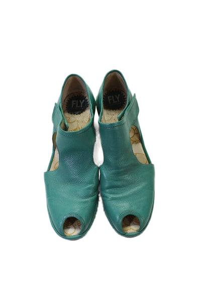 Fly London Womens Leather Peep Toe Block Heels Shoes Green Size 9