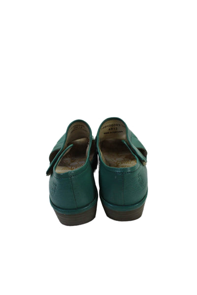 Fly London Womens Leather Peep Toe Block Heels Shoes Green Size 9