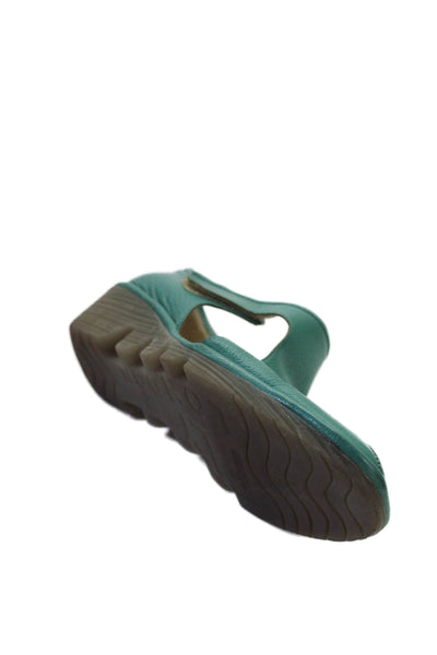 Fly London Womens Leather Peep Toe Block Heels Shoes Green Size 9