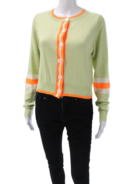 Anthropologie Womens Green Striped Crew Neck Button Cardigan Size M