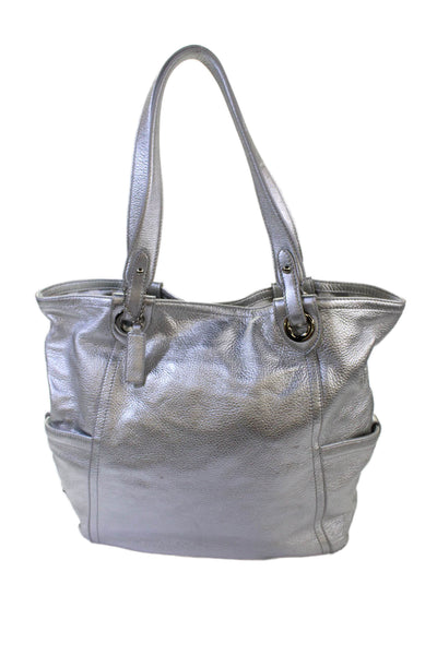 Cole Haan Womens Leather Magnet Closure Shoulder Handbag Silver Metallic