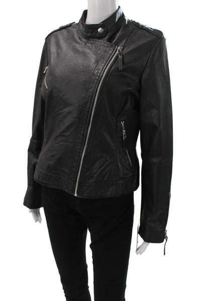 Bod & Christensen Women Biker Leather Motorcycle Jacket Black High Neck Size L