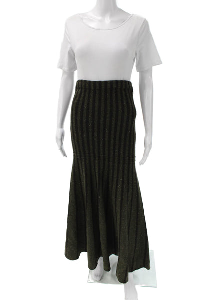 DKNY Womens Flare Trumpet Skirt Long Striped Green Wool Silk Size S