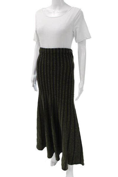 DKNY Womens Flare Trumpet Skirt Long Striped Green Wool Silk Size S
