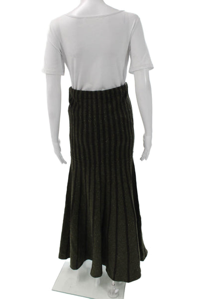 DKNY Womens Flare Trumpet Skirt Long Striped Green Wool Silk Size S