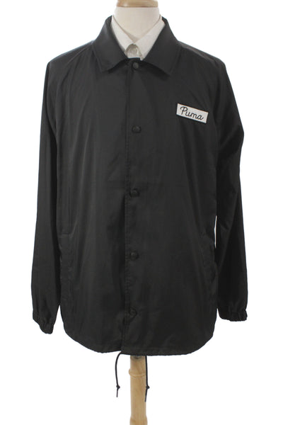 Puma Mens Black Collared Windbreaker Button Front Size 2XL