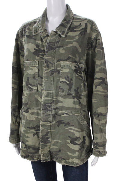Amo Womens Military Jacket Camouflage Collared Long Sleeve Green Size M