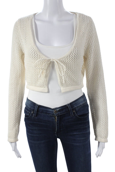 Zara Unisex Cardigan Sweater White Drawstring Round Neck Long Sleeve Size M