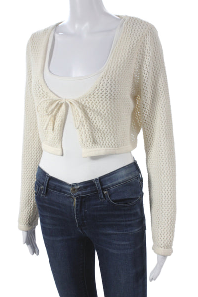 Zara Unisex Cardigan Sweater White Drawstring Round Neck Long Sleeve Size M