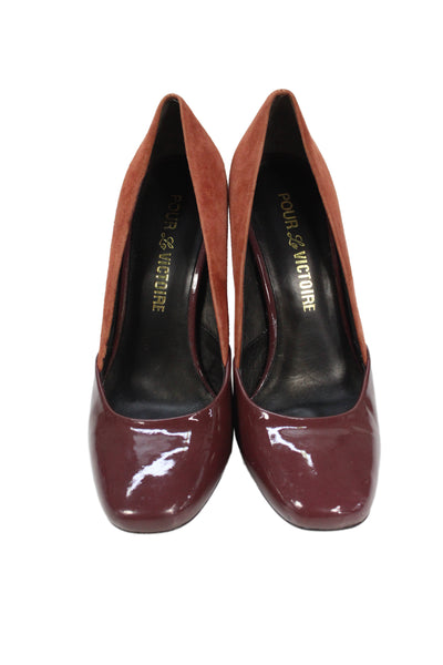 Pour la Victoire Womens Block Heel Patent Leather Suede Pumps Brown Size 6