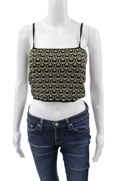 MNG Womens Cropped Camisole Black Square Neck Geometric Aztec Sleeveless Size M