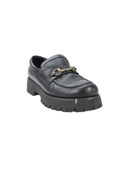 Raye Womens Leather Slide On Gold Tone Platform Loafers Black Size 8