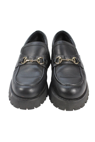 Raye Womens Leather Slide On Gold Tone Platform Loafers Black Size 8