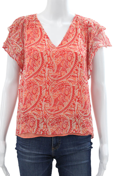 Ramy Brook Womens Blouse Orange Silk V Neck Paisley Sleeveless Size 2XS