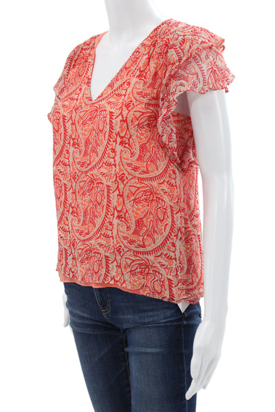Ramy Brook Womens Blouse Orange Silk V Neck Paisley Sleeveless Size 2XS