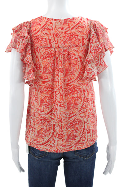 Ramy Brook Womens Blouse Orange Silk V Neck Paisley Sleeveless Size 2XS
