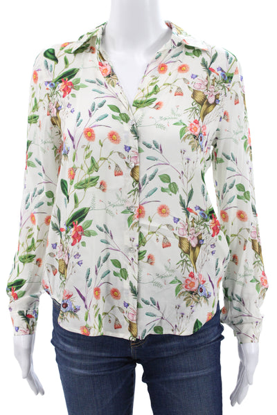 L'Agence Women White Collared Floral Viscose Button Up Blouse Size 2XS