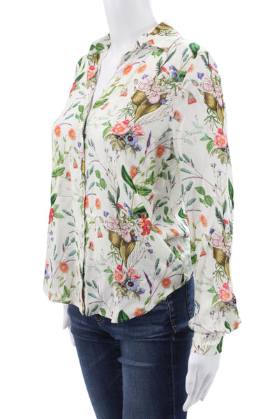 L'Agence Women White Collared Floral Viscose Button Up Blouse Size 2XS