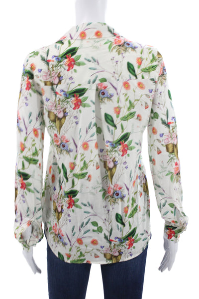 L'Agence Women White Collared Floral Viscose Button Up Blouse Size 2XS
