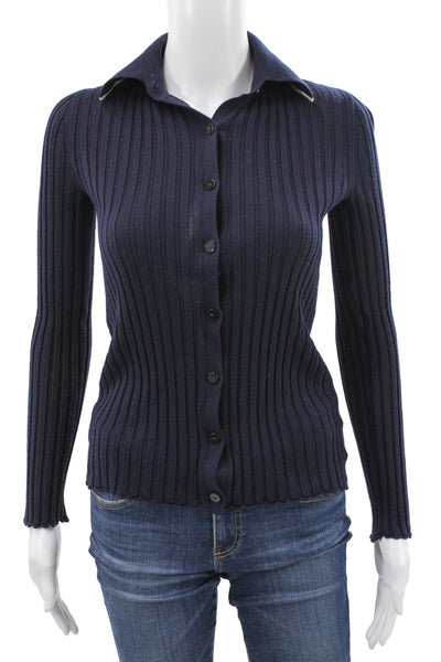 Theory Womens Collared Striped Wool Cardigan Long Sleeve Dark Blue Size PP