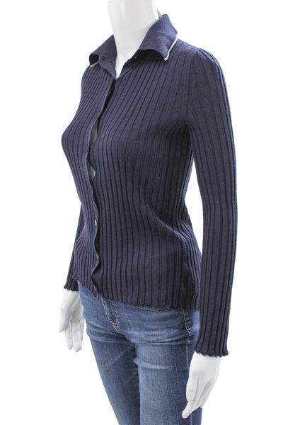 Theory Womens Collared Striped Wool Cardigan Long Sleeve Dark Blue Size PP