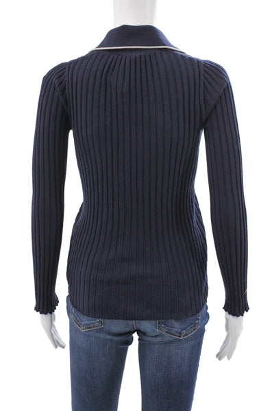 Theory Womens Collared Striped Wool Cardigan Long Sleeve Dark Blue Size PP