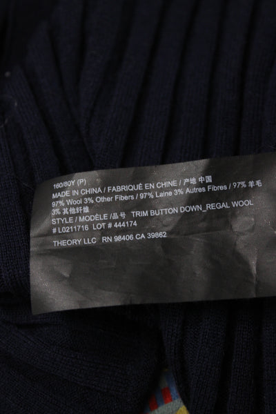 Theory Womens Collared Striped Wool Cardigan Long Sleeve Dark Blue Size PP