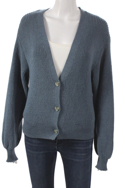 Zara Unisex Cardigan Blue V-Neck Button Solid Long Sleeve Cotton Size S