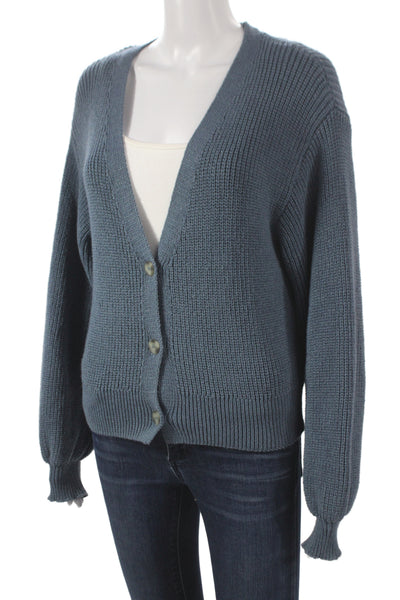 Zara Unisex Cardigan Blue V-Neck Button Solid Long Sleeve Cotton Size S