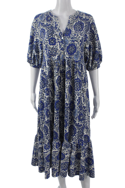 Zara Women Kaftan Maxi Dress Blue Floral V Neck 3/4 Sleeve Boho Size M