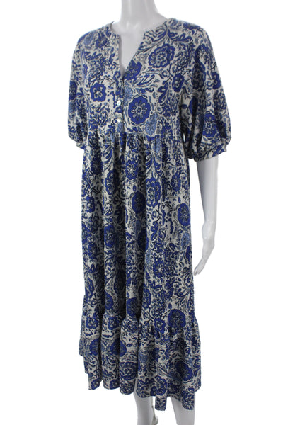 Zara Women Kaftan Maxi Dress Blue Floral V Neck 3/4 Sleeve Boho Size M