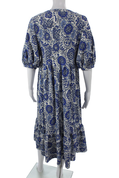 Zara Women Kaftan Maxi Dress Blue Floral V Neck 3/4 Sleeve Boho Size M