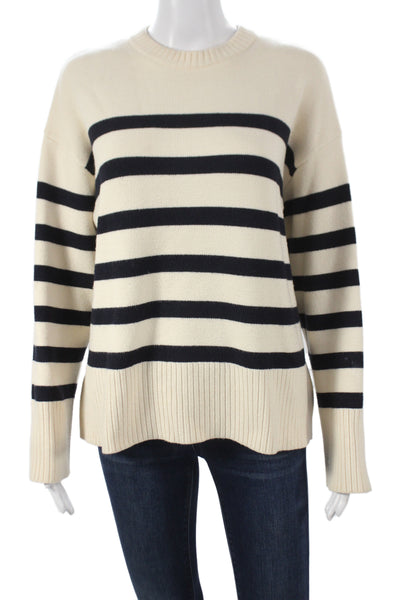 Zara Unisex Pullover Striped Crew Neck Long Sleeve Sweaters Beige Size S