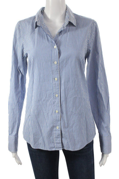 J Crew Women Basic Striped Collared Button Up Shirt Blue Long Sleeve Size S