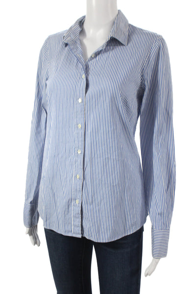J Crew Women Basic Striped Collared Button Up Shirt Blue Long Sleeve Size S