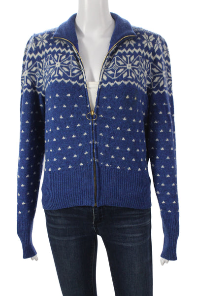 Tory Burch Unisex Fair Isle Collared Zip Cardigan Blue Size XS