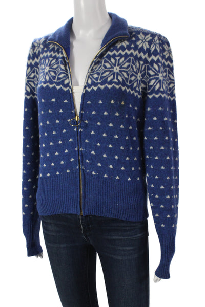 Tory Burch Unisex Fair Isle Collared Zip Cardigan Blue Size XS