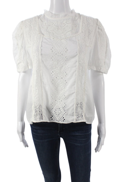 Zara Women Bohemian White High Neck Short Sleeve Blouse Size XL