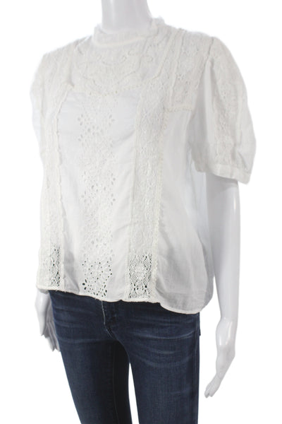 Zara Women Bohemian White High Neck Short Sleeve Blouse Size XL