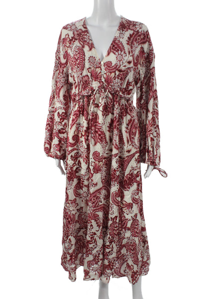 Zara Women Kaftan Maxi Dress Red V Neck Long Sleeve Paisley Size M