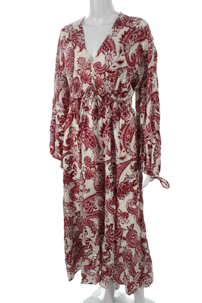 Zara Women Kaftan Maxi Dress Red V Neck Long Sleeve Paisley Size M