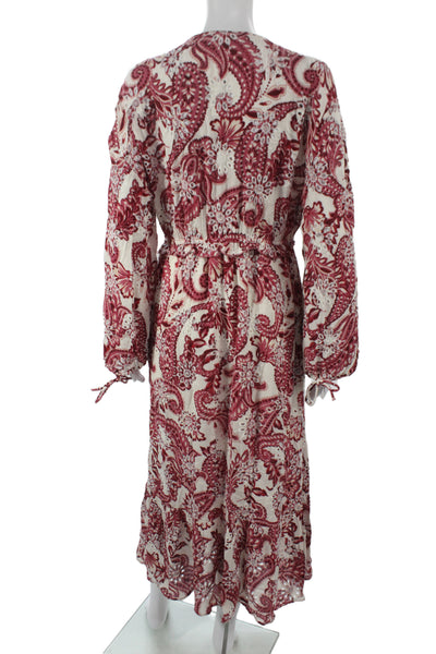 Zara Women Kaftan Maxi Dress Red V Neck Long Sleeve Paisley Size M