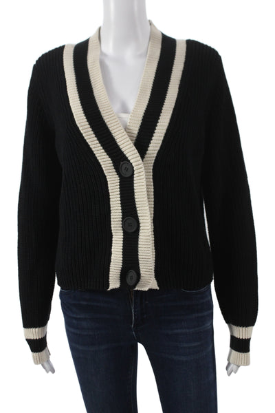 525 Unisex Cardigan Black Striped V-Neck Button 100% Cotton Long Sleeve Size M