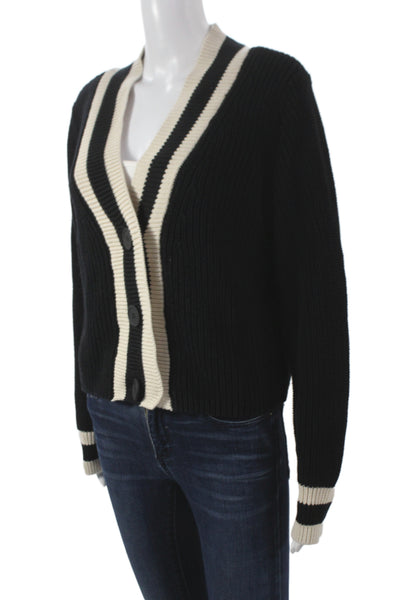 525 Unisex Cardigan Black Striped V-Neck Button 100% Cotton Long Sleeve Size M