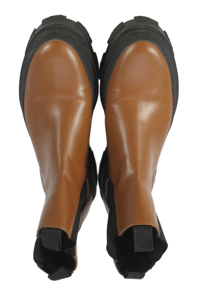 Zara Womens Slip On Block Heel Platform Ankle Boots Brown Leather Size 40