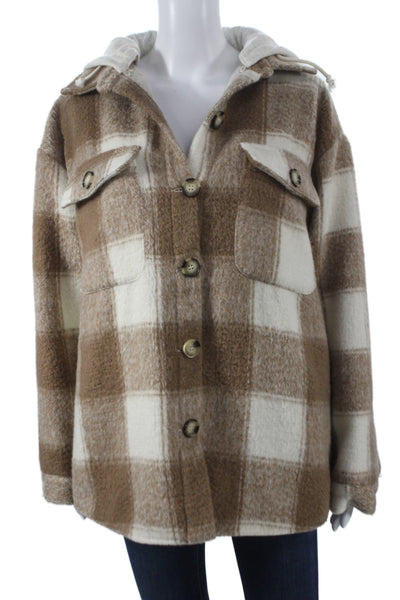 Aqua Women Plaid Wool Blend Button Jacket Brown Long Sleeve Size M
