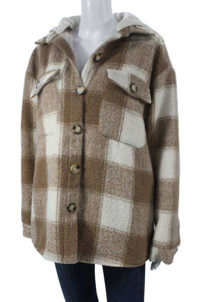 Aqua Women Plaid Wool Blend Button Jacket Brown Long Sleeve Size M