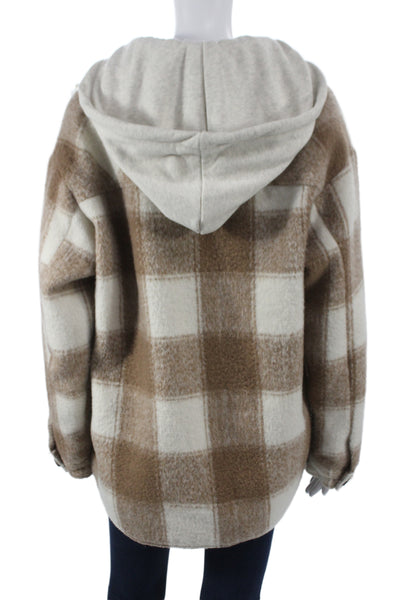 Aqua Women Plaid Wool Blend Button Jacket Brown Long Sleeve Size M